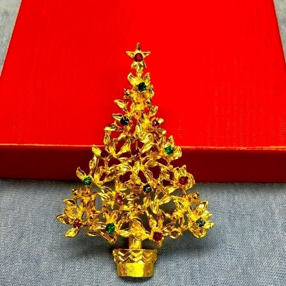 Vintage Gold Plated & Crystal Christmas Tree Brooch